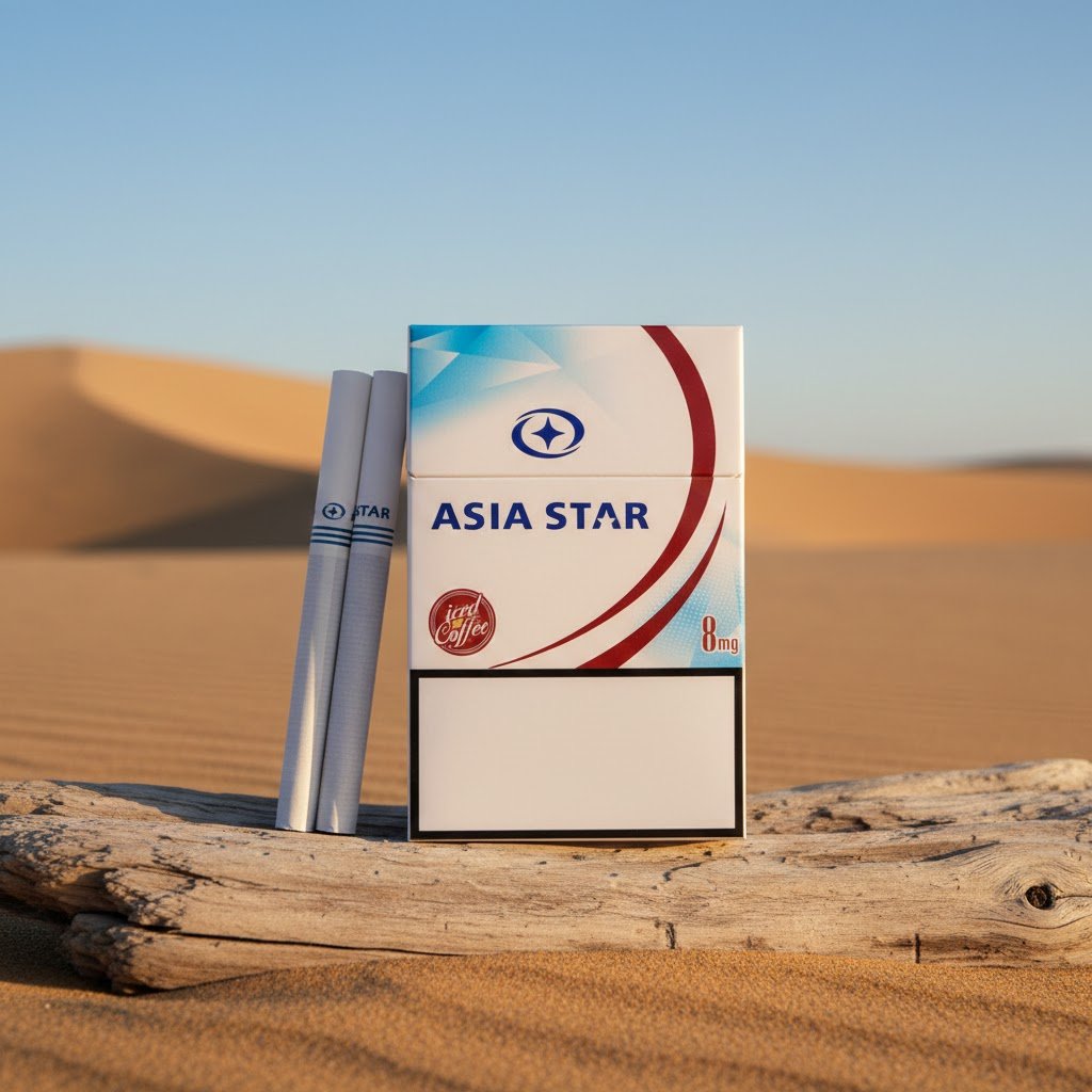 ซองบุหรี่ Asia Star Cafe วางบนขอนไม้ในทะเลทราย พร้อมมวนบุหรี่กลิ่นกาแฟ