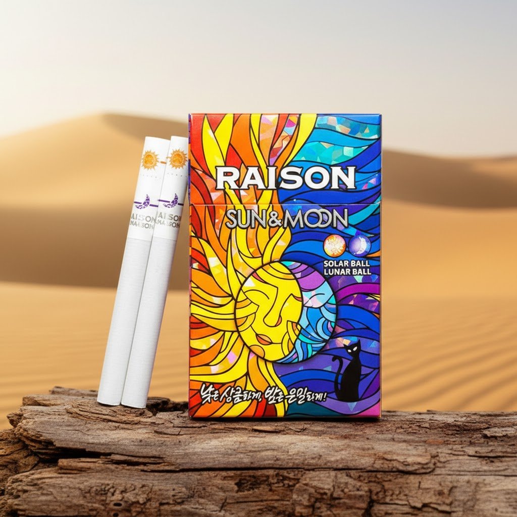 ซองบุหรี่ Raison Sun & Moon ดีไซน์อาร์ตเวิร์กพระอาทิตย์และพระจันทร์หลากสีสัน วางบนท่อนไม้กลางทะเลทราย