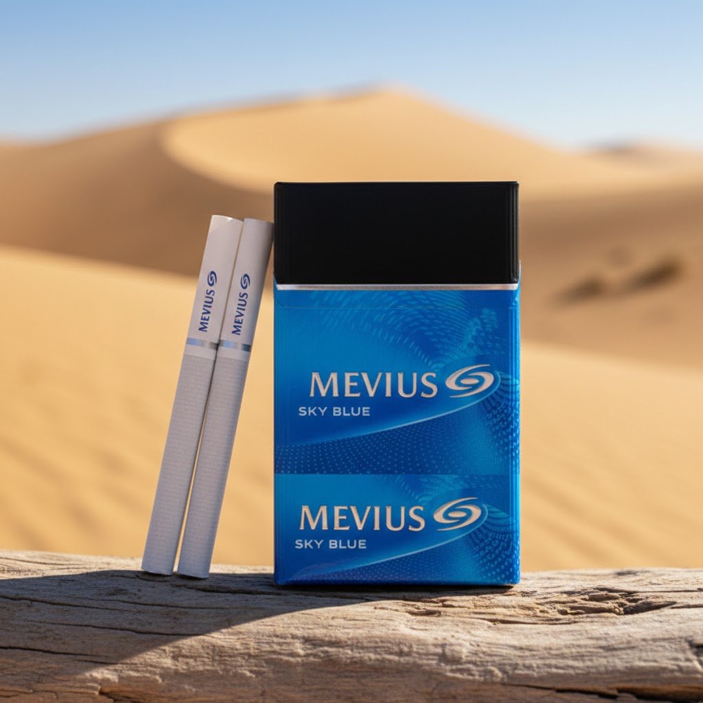 ซองบุหรี่ Mevius Sky Blue สีน้ำเงิน ดีไซน์คลาสสิก วางบนขอนไม้ท่ามกลางสันทรายสีทอง