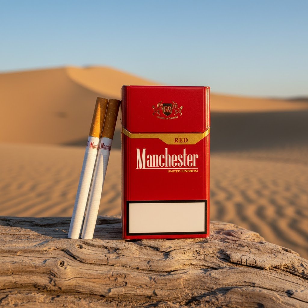 ซองบุหรี่ Manchester Queen Red สีแดง วางคู่กับมวนบุหรี่บนขอนไม้กลางทะเลทราย แสงพระอาทิตย์ตก