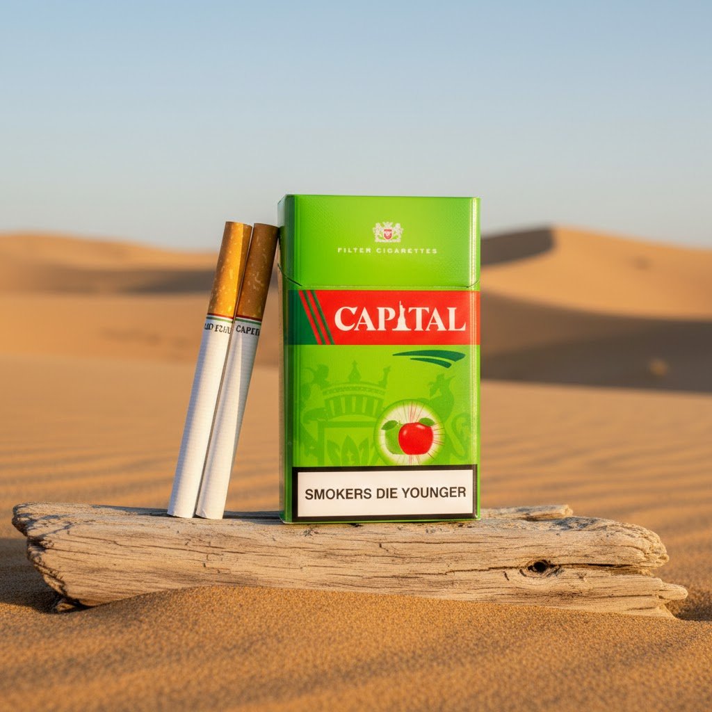 ซองบุหรี่ Capital Double Apple สีเขียวและมวนบุหรี่ วางบนขอนไม้แห้งในทะเลทราย แสงแดดอุ่นช่วงเย็น