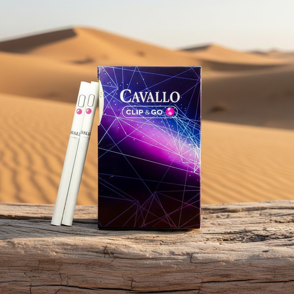 ซองบุหรี่ Cavallo Clip & Go สีม่วงลายกราฟิกทันสมัย วางบนขอนไม้ในทะเลทราย รูปที 1