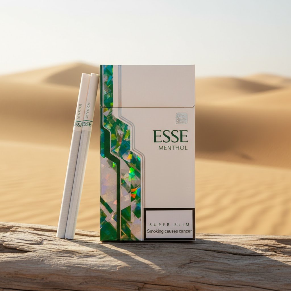ซองบุหรี่ ESSE Menthol Slim สีขาวคาดเขียวโฮโลแกรม วางบนขอนไม้ในทะเลทราย แสงแดดสีทองพรีเมียม