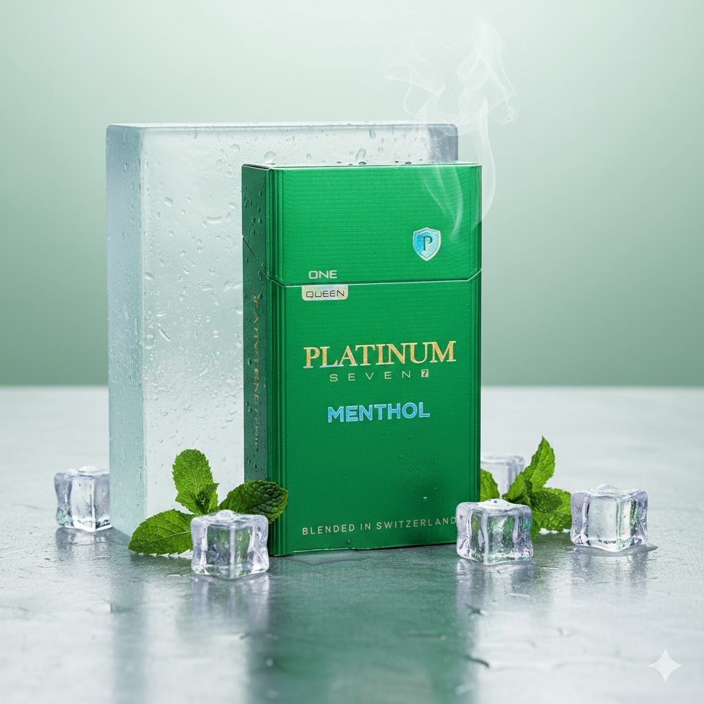 ซองบุหรี่ Platinum Seven Menthol สีเขียว วางบนพื้นผิวที่มีหยดน้ำและน้ำแข็ง สะท้อนความเย็นสดชื่น รูปที 1