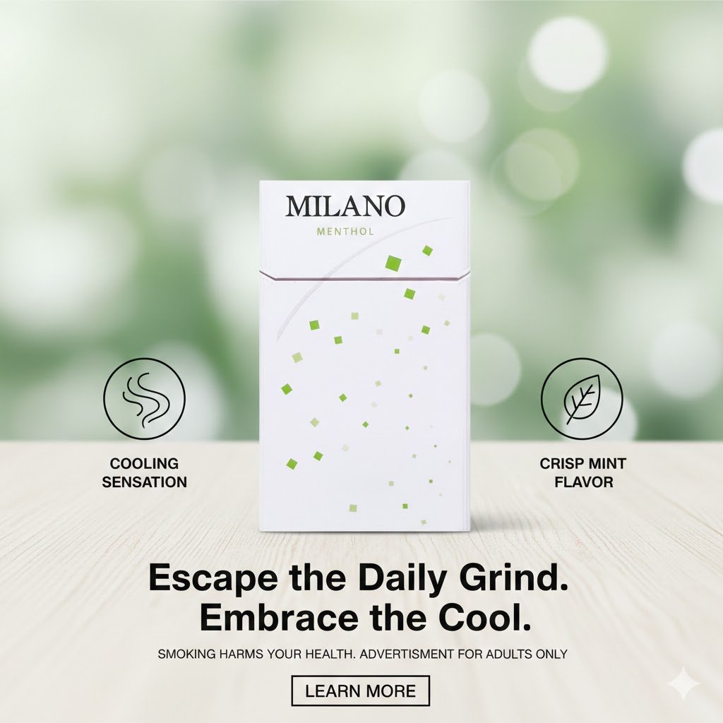 ซองบุหรี่ Milano Menthol สีขาวดีไซน์ทันสมัยพร้อมลวดลายสีเขียวมิ้นต์ วางบนพื้นโต๊ะไม้ท่ามกลางบรรยากาศธรรมชาติที่ผ่อนคลาย