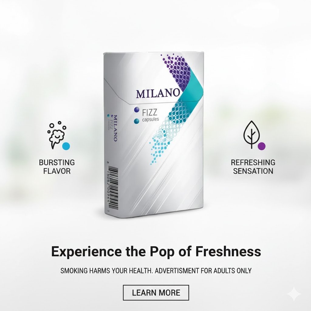 ซองบุหรี่ Milano Fizz ดีไซน์ทันสมัยแบบสไลด์ สีขาวตกแต่งด้วยลวดลายสีม่วงและฟ้า พร้อมไอคอนแสดงระบบ 2 เม็ดบีบ