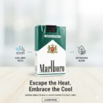 ซองบุหรี่ Marlboro Menthol (ซองอ่อน) สีเขียวสลับขาว วางบนพื้นผิวไม้พร้อมไอคอนแสดงความเย็นและคุณภาพใบยา