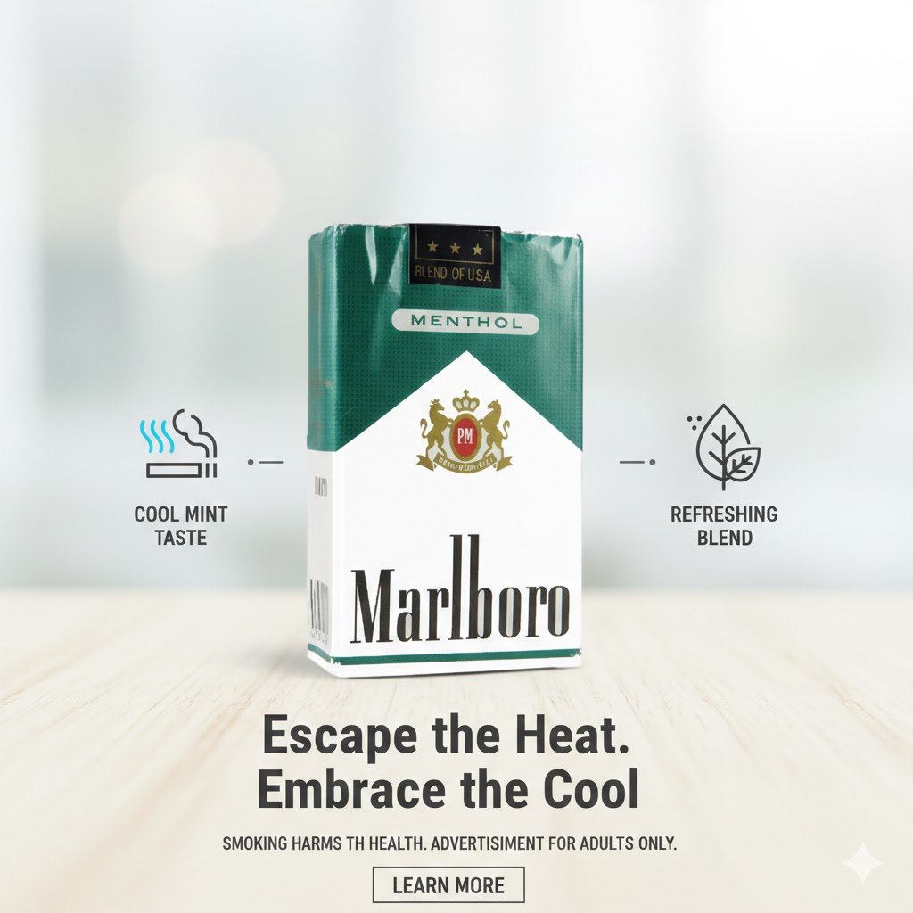 ซองบุหรี่ Marlboro Menthol (ซองอ่อน) สีเขียวสลับขาว วางบนพื้นผิวไม้พร้อมไอคอนแสดงความเย็นและคุณภาพใบยา