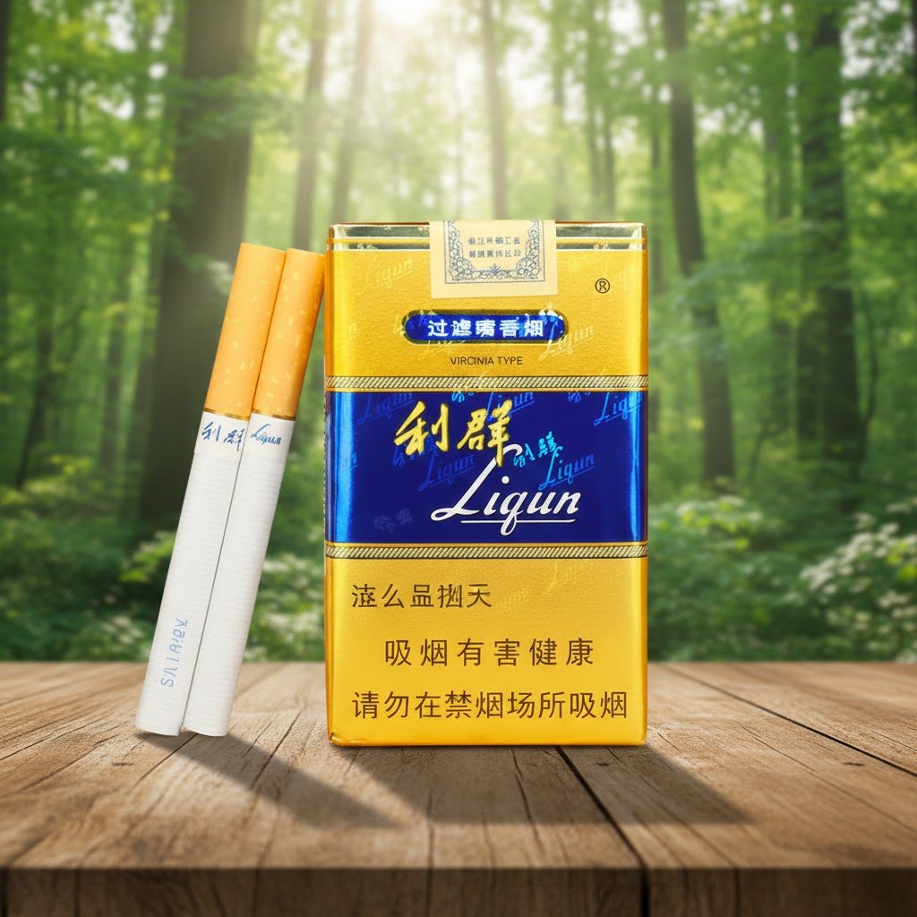 บุหรี่จีน Liqun Gold ซองสีทองคาดน้ำเงิน วางบนโต๊ะไม้ฉากหลังป่าธรรมชาติ บุหรี่นอกคุณภาพพรีเมียมจากจีน