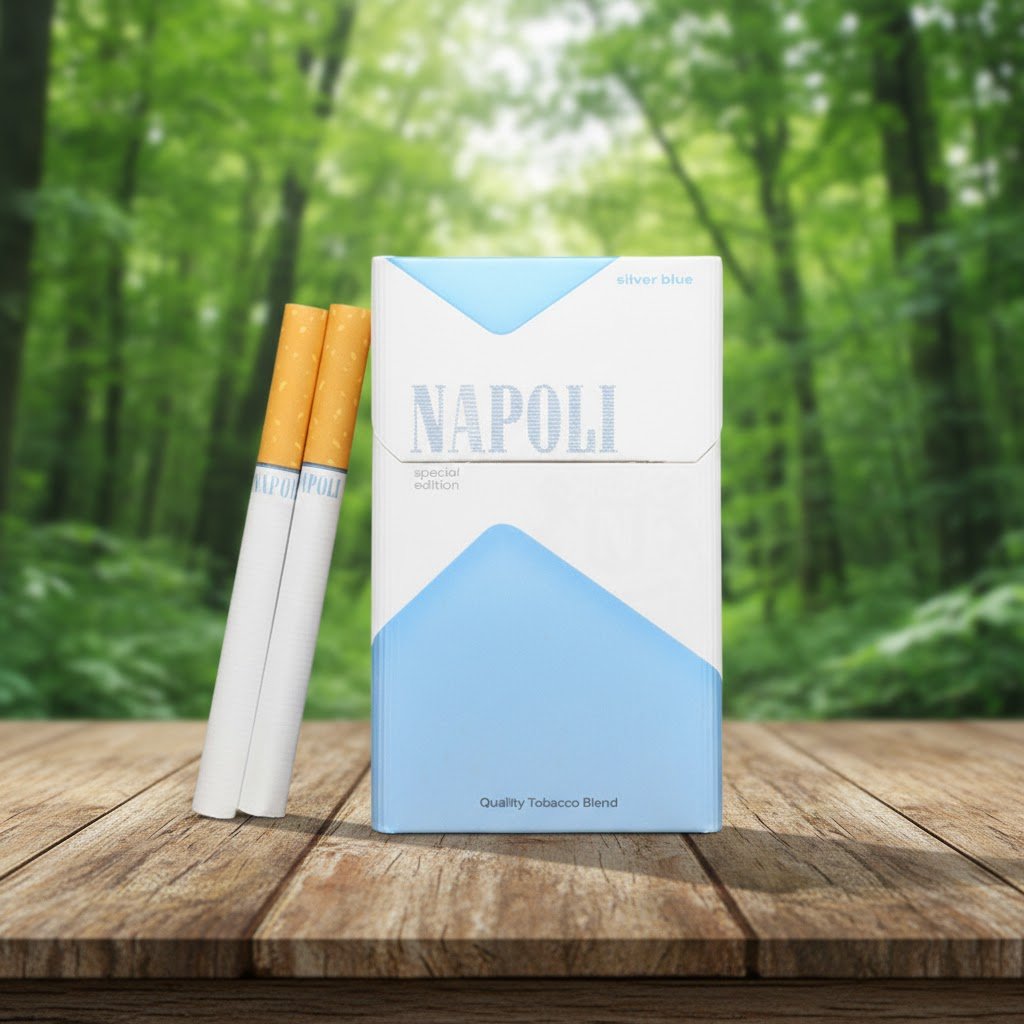 บุหรี่ Napoli Blue Special ซองสีขาวฟ้าดีไซน์มินิมอล พร้อมมวนบุหรี่ วางบนโต๊ะไม้ท่ามกลางธรรมชาติ