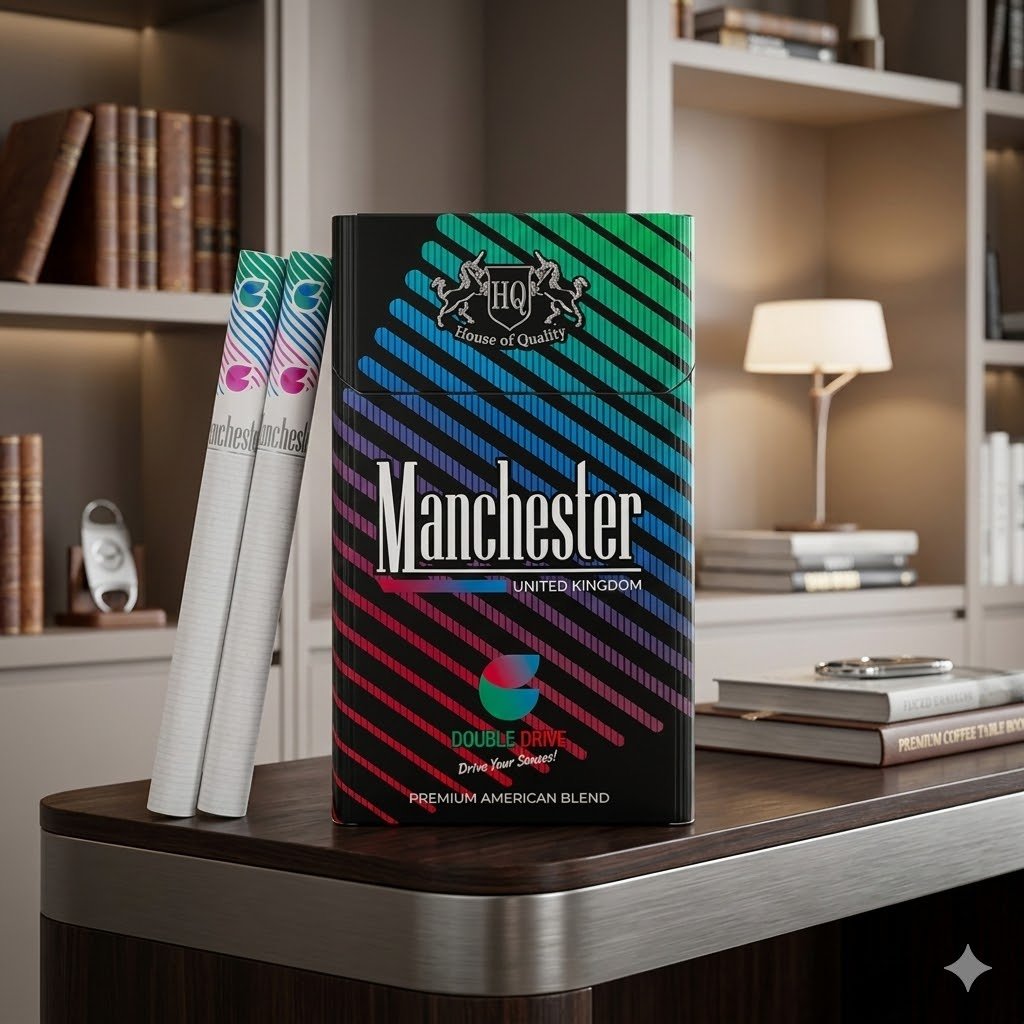 บุหรี่ Manchester Double Drive แบบเม็ดบีบคู่ กลิ่นบลูเบอร์รี่และมิ้นต์ ดีไซน์ทันสมัย สินค้านำเข้าจากอังกฤษ