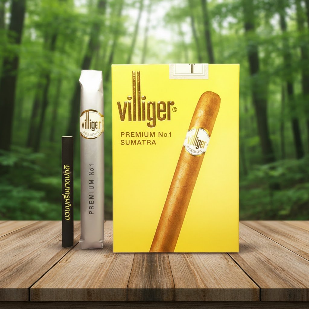 ซิการ์ Villiger Premium No.1 Sumatra กล่องสีเหลือง วางคู่กับมวนซิการ์ในห่อฟอยล์และบุหรี่ขนาดปกติเพื่อเทียบขนาด