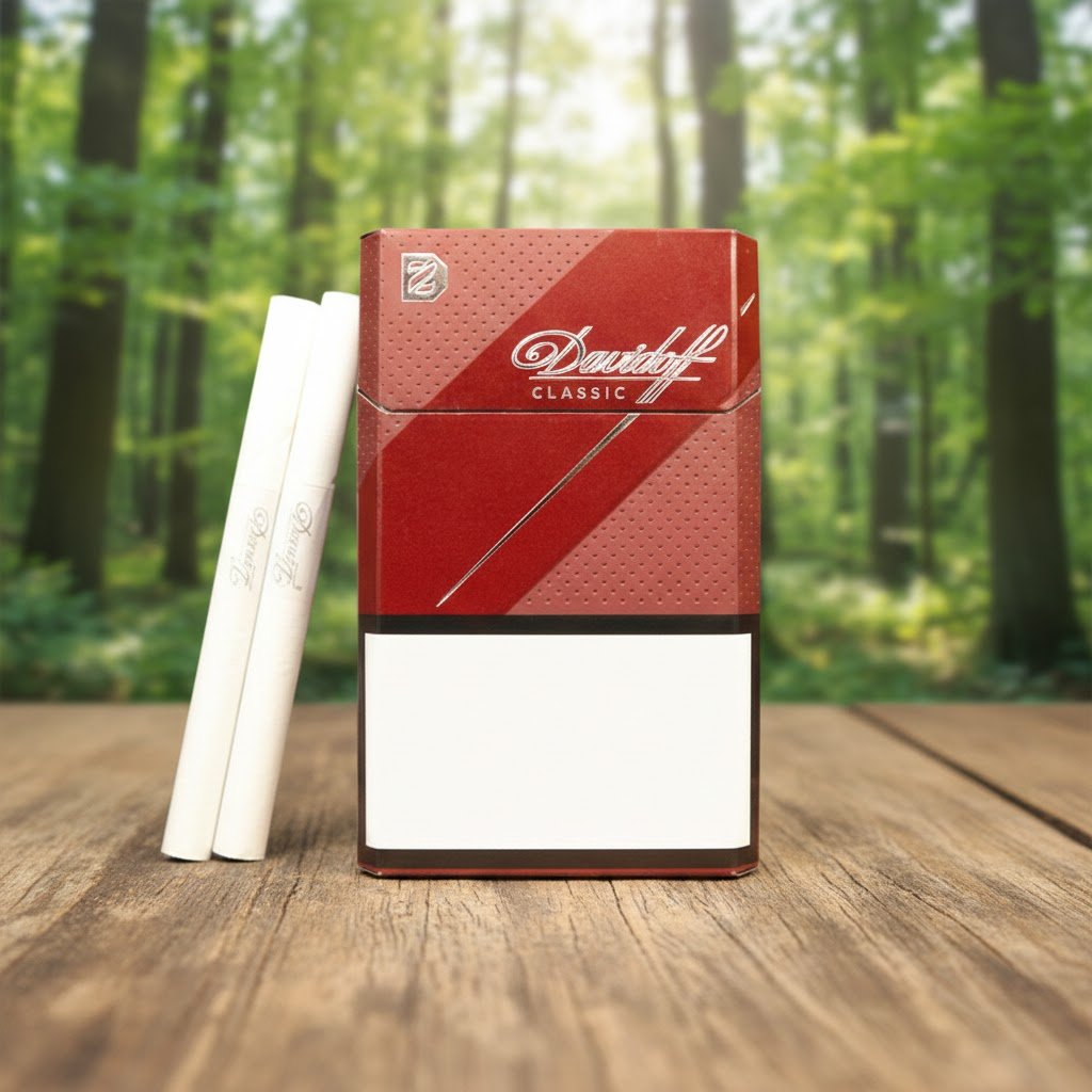 กล่องบุหรี่ Davidoff Classic สีแดงเข้มดีไซน์หรูหรา วางบนโต๊ะไม้ฉากหลังป่าไม้ธรรมชาติ