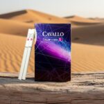 ซองบุหรี่ Cavallo Clip ＆ Go สีม่วงลายกราฟิกทันสมัย วางบนขอนไม้ในทะเลทราย