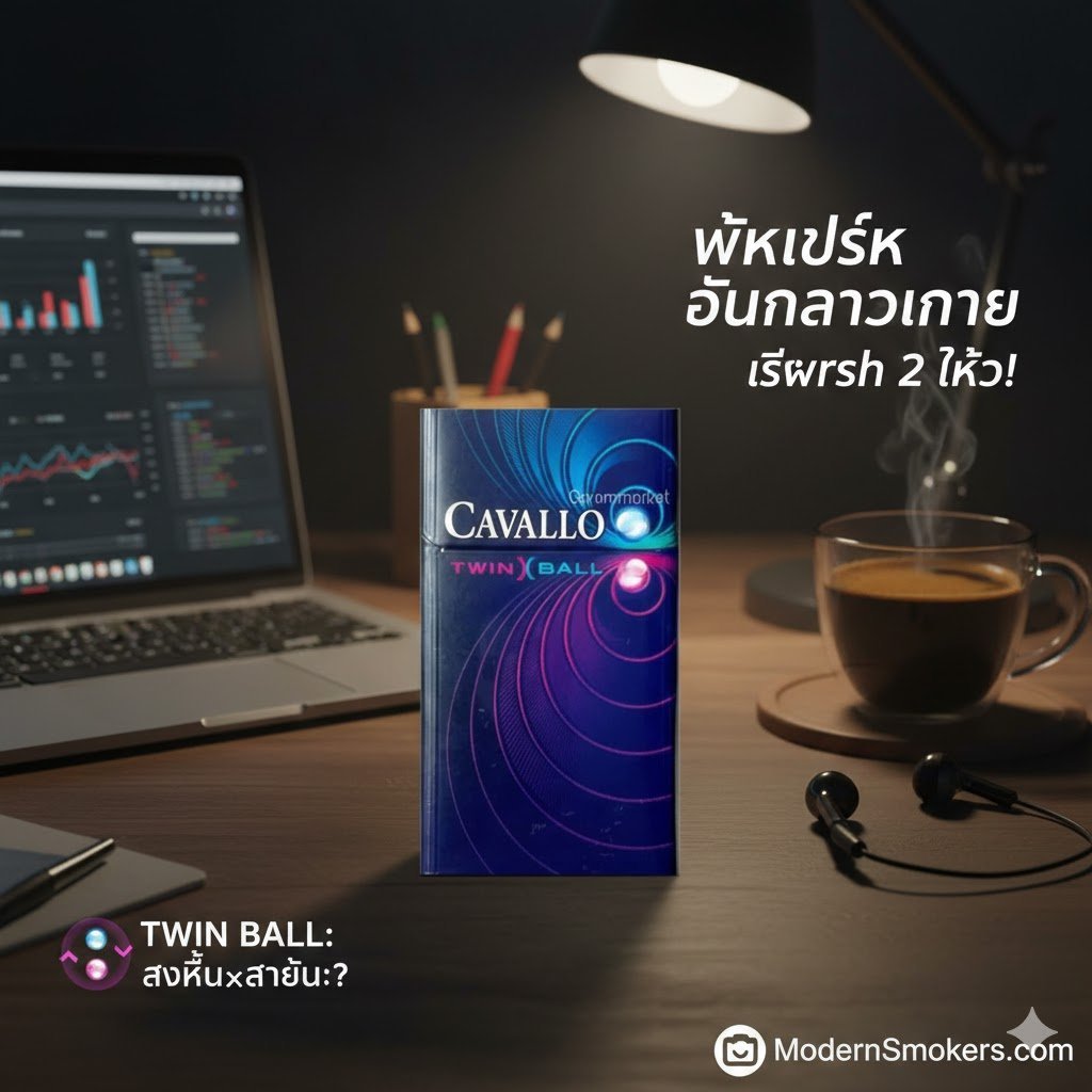ซองบุหรี่ Cavallo Twin Ball สีน้ำเงินม่วง ดีไซน 2 เม็ดบีบ วางบนโต๊ะทำงานที่มีคอมพิวเตอรและแก้วกาแฟ