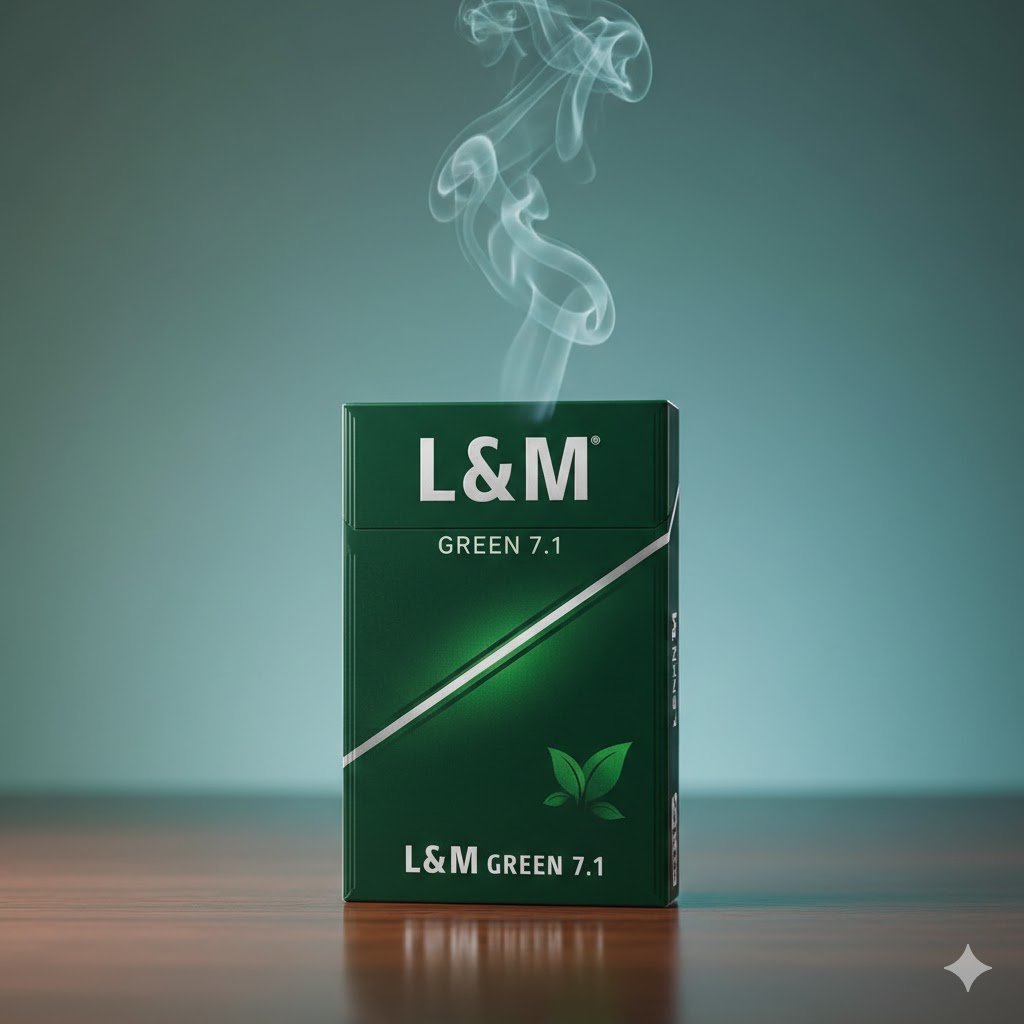 ซองบุหรี่ L＆M Green 7.1 สีเขียวมรกตวางบนโต๊ะไม้ สื่อถึงความเย็นสดชื่นและการพักผ่อนของคนทำงาน